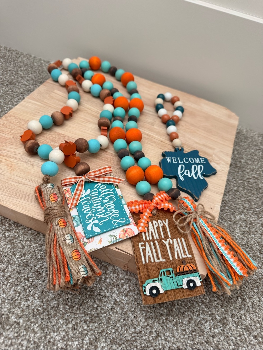 Fall Beaded Garland Set with Tassels - Orange, Teal, Brown, Cream Fall Decor